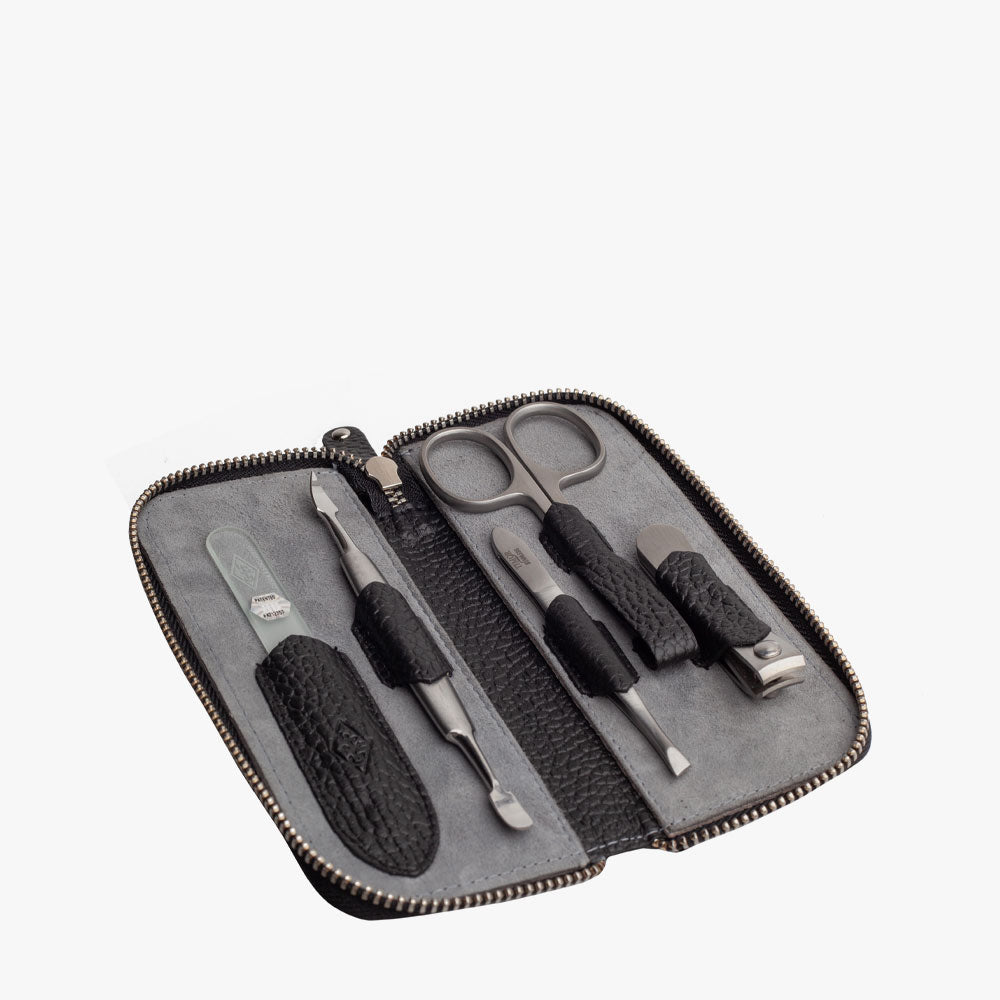 Maniküre-Set 5-teilig schwarzes, genarbtes Rindleder